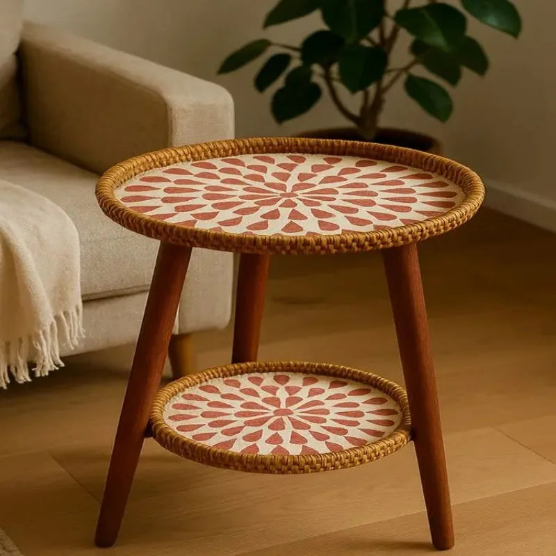 rattan and wood side table
