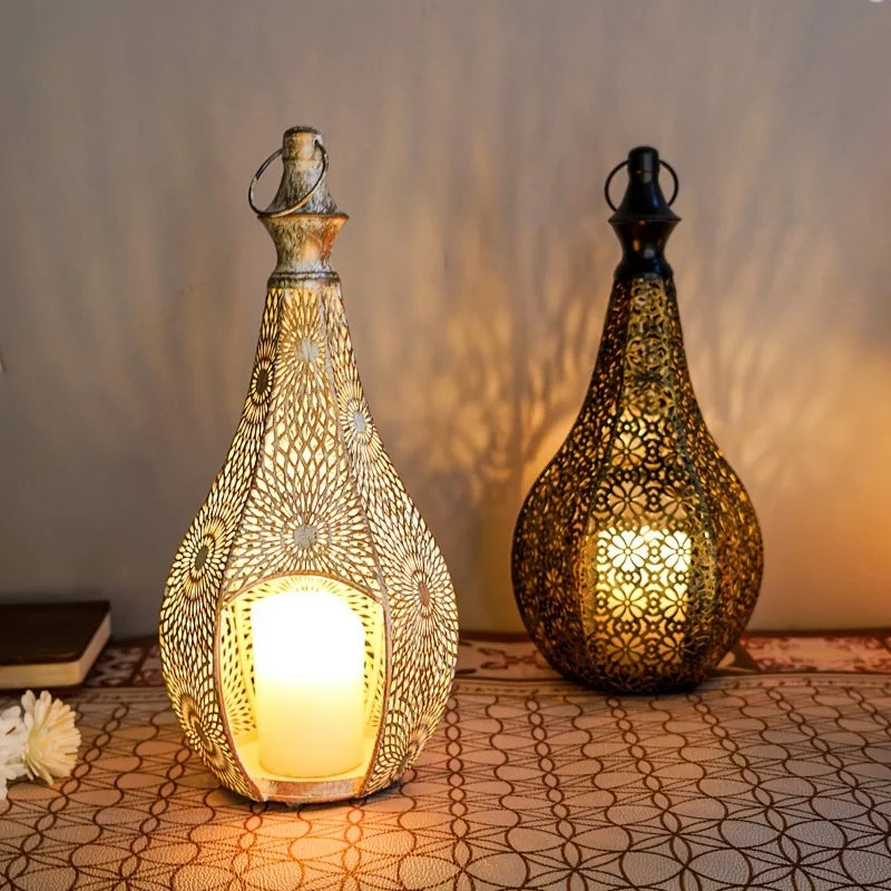 Moroccan Style Iron Art Hollow Retro Candle Holder Hanging Lantern Home Decor Craft Ornament for Home Living Room Garden