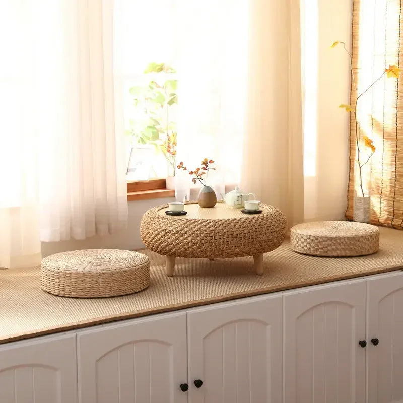 Japanese Hand Woven Rattan round Coffee Table with Storage for Living Room Tea Table
