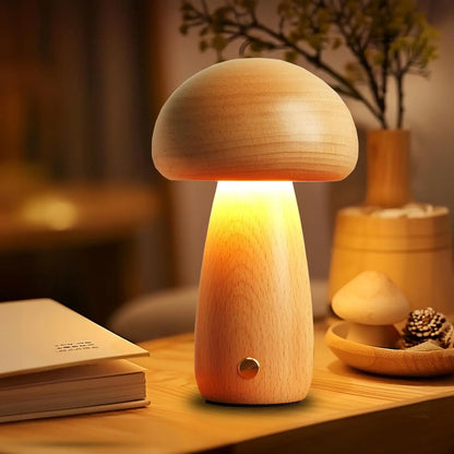 INS Wooden Creative Mushroom Night Light Stepless Dimming Bedside Table Lamp 3 Color Rechargeable Sleeping Nightlights for Room