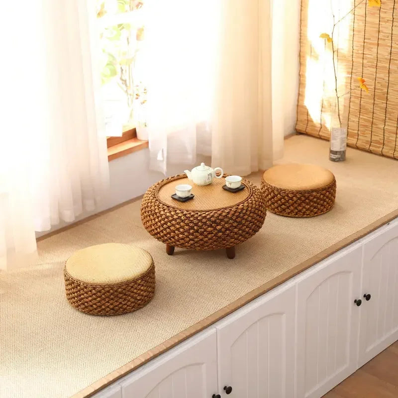 Japanese Hand Woven Rattan round Coffee Table with Storage for Living Room Tea Table