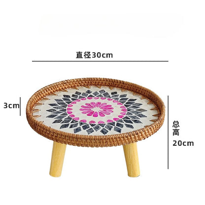 table basse d appoint en rotin , bois et coquillage design artisanal
