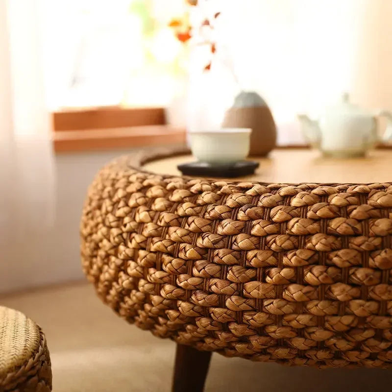 Japanese Hand Woven Rattan round Coffee Table with Storage for Living Room Tea Table
