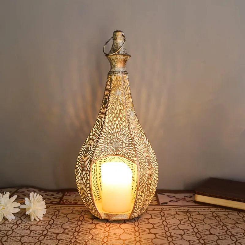 Moroccan Style Iron Art Hollow Retro Candle Holder Hanging Lantern Home Decor Craft Ornament for Home Living Room Garden