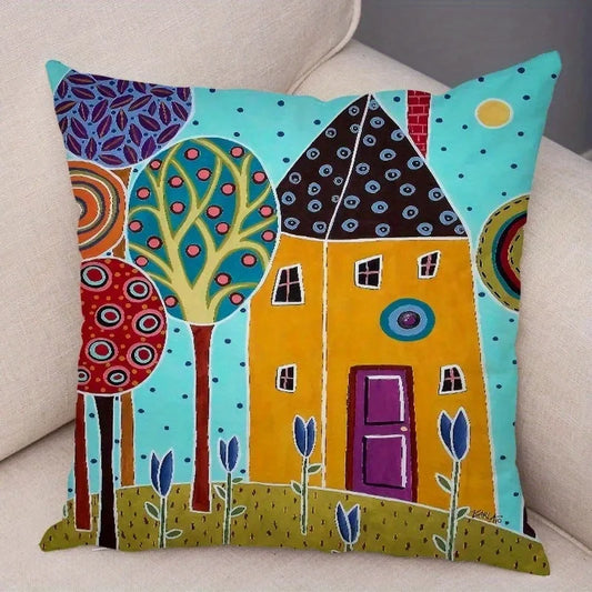 Home Decor Colorful Houses and Twisted Trees Pillow Covers Pattern Cushion Cover Suitable for Sofa Bedroom Car Pillow Cover