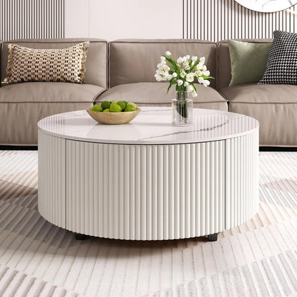 Modern round Movable Coffee Table with Casters, 2 Drawers, Marble Pattern Sintered Stone Top, White, 29.5", Customized