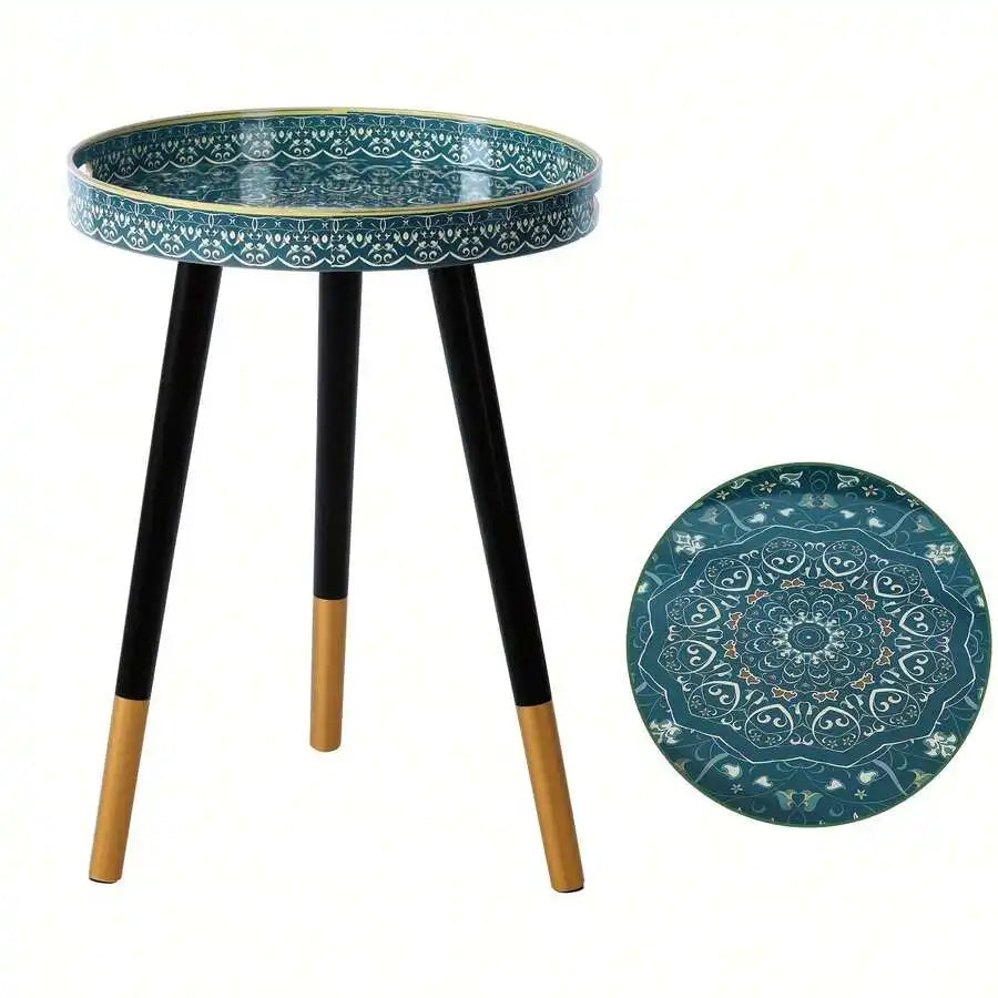 14-Inch Bohemian round Side Table - Plastic Frame/Triangle Legs (Black/Gold), Easy Assembly/Space-Saving, Living Room/Bedroom/So