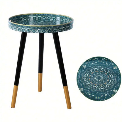 14-Inch Bohemian round Side Table - Plastic Frame/Triangle Legs (Black/Gold), Easy Assembly/Space-Saving, Living Room/Bedroom/So