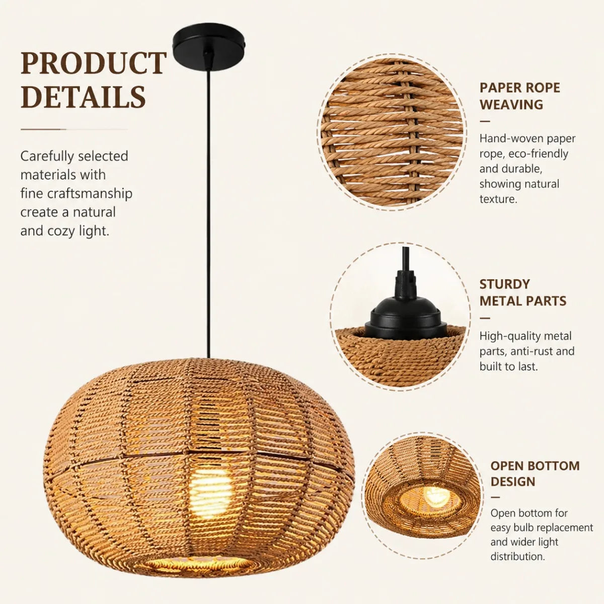 11.8 Inch Boho Wicker Pendant Light, Hand Woven Rattan Hanging Light Fixture with Adjustable 59In Cord, Farmhouse Chandelier for Dining Room, Kitchen Island, Bedroom, Living Room, Hallway, E26/E27 Base Ceiling Lamp