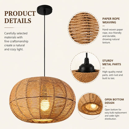 11.8 Inch Boho Wicker Pendant Light, Hand Woven Rattan Hanging Light Fixture with Adjustable 59In Cord, Farmhouse Chandelier for Dining Room, Kitchen Island, Bedroom, Living Room, Hallway, E26/E27 Base Ceiling Lamp