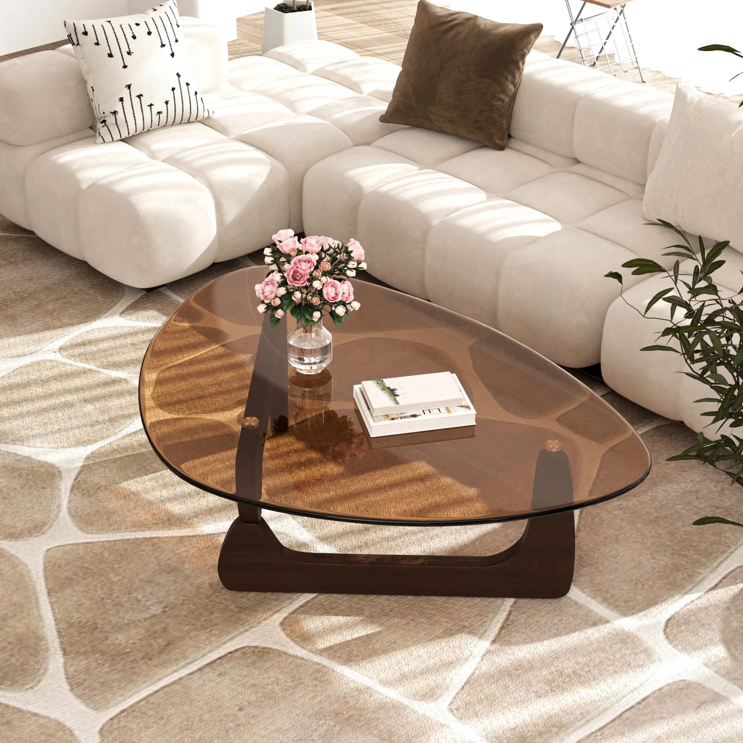 Triangle Glass Coffee Table Center Side Table Tempered Glass Top Rubber Wood Legs Accent Table for Living Room Office