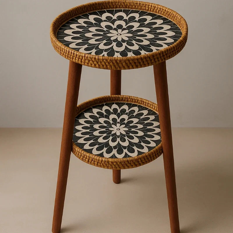 Noedic Rattan Side Table Southeast Asian round Accent Desk Handmade Mosaic Coffee Tables for Balcony/Living Room Storage Shelf