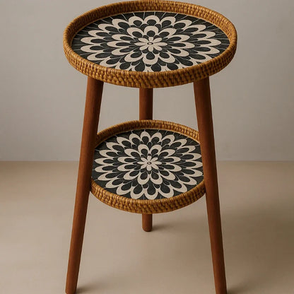 Noedic Rattan Side Table Southeast Asian round Accent Desk Handmade Mosaic Coffee Tables for Balcony/Living Room Storage Shelf