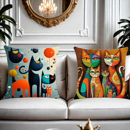 2Pcs Abstract Cat Pillowcase Throw Pillow Cover for Living Room Polyester Fabric Square Office Decor Cushion Cover Pillow Cases
