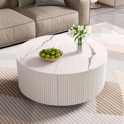 Modern round Movable Coffee Table with Casters, 2 Drawers, Marble Pattern Sintered Stone Top, White, 29.5", Customized