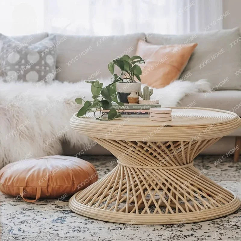Coffee Table Retro Small round Table Simple Living Room Bamboo Rattan round Table