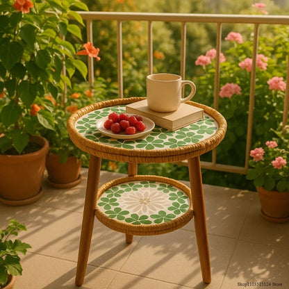 Noedic Rattan Side Table Southeast Asian round Accent Desk Handmade Mosaic Coffee Tables for Balcony/Living Room Storage Shelf