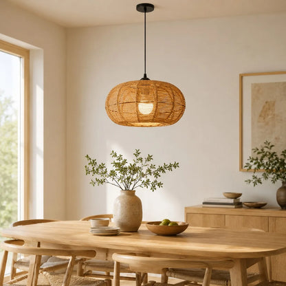 11.8 Inch Boho Wicker Pendant Light, Hand Woven Rattan Hanging Light Fixture with Adjustable 59In Cord, Farmhouse Chandelier for Dining Room, Kitchen Island, Bedroom, Living Room, Hallway, E26/E27 Base Ceiling Lamp