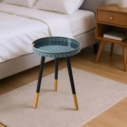 14-Inch Bohemian round Side Table - Plastic Frame/Triangle Legs (Black/Gold), Easy Assembly/Space-Saving, Living Room/Bedroom/So