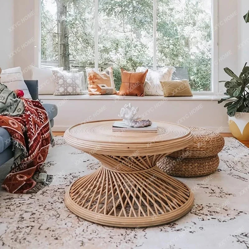 Coffee Table Retro Small round Table Simple Living Room Bamboo Rattan round Table