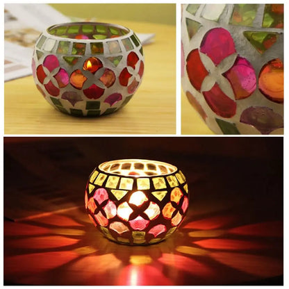 Moroccan Mosaic Glass Votive Candle Holder Tea Light Candelabra Candlestick Home Decor Tabletop Centerpiece