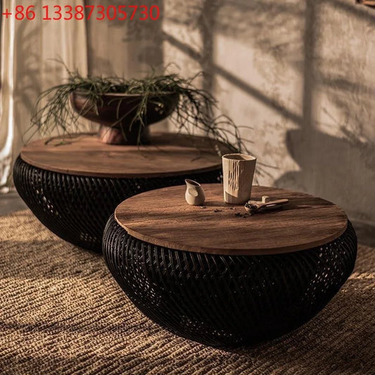 Tables (2) basse d appoint en rotin et dessus de bois