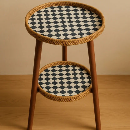 Noedic Rattan Side Table Southeast Asian round Accent Desk Handmade Mosaic Coffee Tables for Balcony/Living Room Storage Shelf