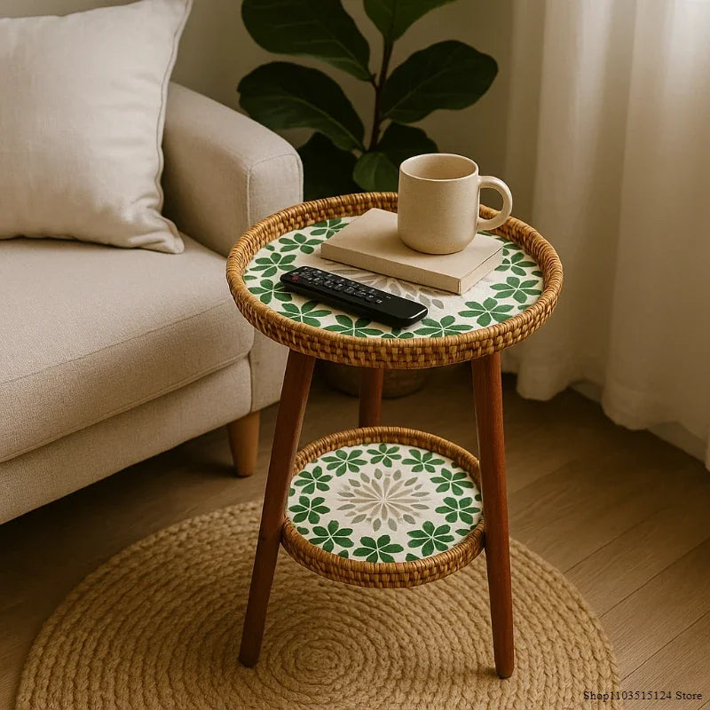 Noedic Rattan Side Table Southeast Asian round Accent Desk Handmade Mosaic Coffee Tables for Balcony/Living Room Storage Shelf