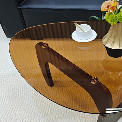 Triangle Glass Coffee Table Center Side Table Tempered Glass Top Rubber Wood Legs Accent Table for Living Room Office