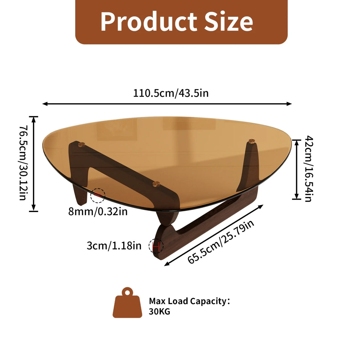 Triangle Glass Coffee Table Center Side Table Tempered Glass Top Rubber Wood Legs Accent Table for Living Room Office