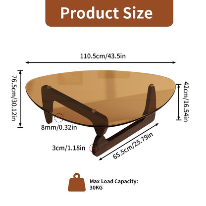 Triangle Glass Coffee Table Center Side Table Tempered Glass Top Rubber Wood Legs Accent Table for Living Room Office