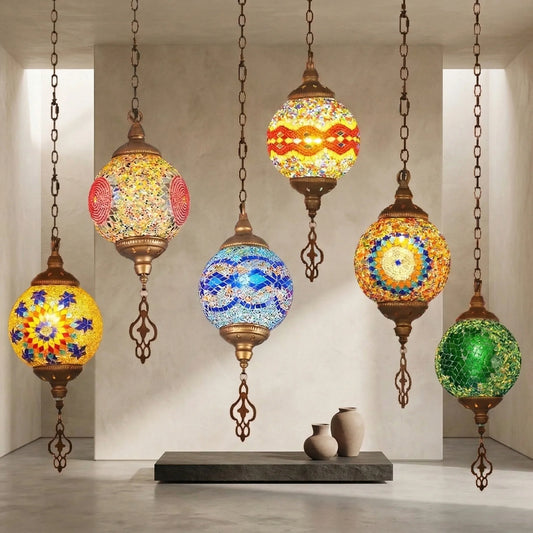 Handcrafted Moroccan Turkish Bohemian Mosaic Color Glass Pendant Light for Bedroom Restaurant Cafe Bar Decorative Hanging Lamp