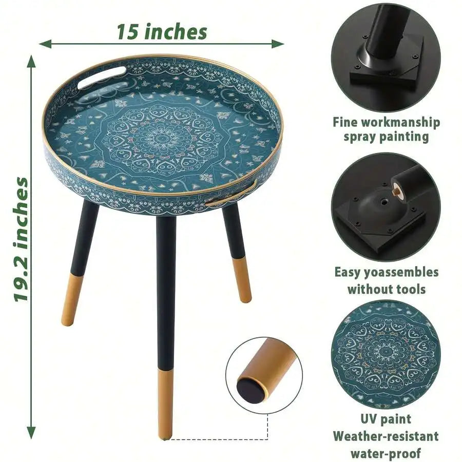 14-Inch Bohemian round Side Table - Plastic Frame/Triangle Legs (Black/Gold), Easy Assembly/Space-Saving, Living Room/Bedroom/So