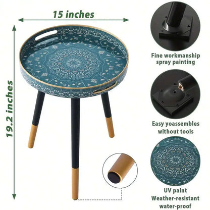 14-Inch Bohemian round Side Table - Plastic Frame/Triangle Legs (Black/Gold), Easy Assembly/Space-Saving, Living Room/Bedroom/So