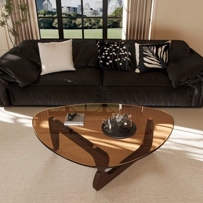 Triangle Glass Coffee Table Center Side Table Tempered Glass Top Rubber Wood Legs Accent Table for Living Room Office