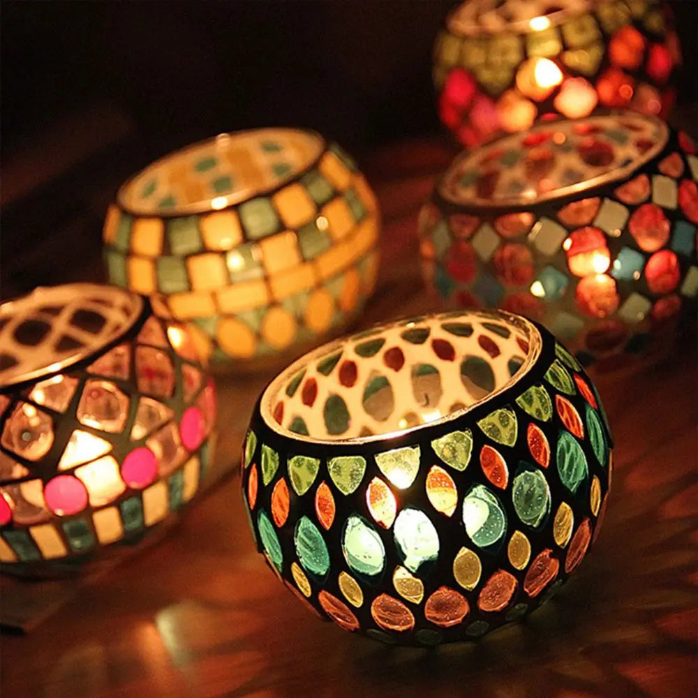 Moroccan Mosaic Glass Votive Candle Holder Tea Light Candelabra Candlestick Home Decor Tabletop Centerpiece