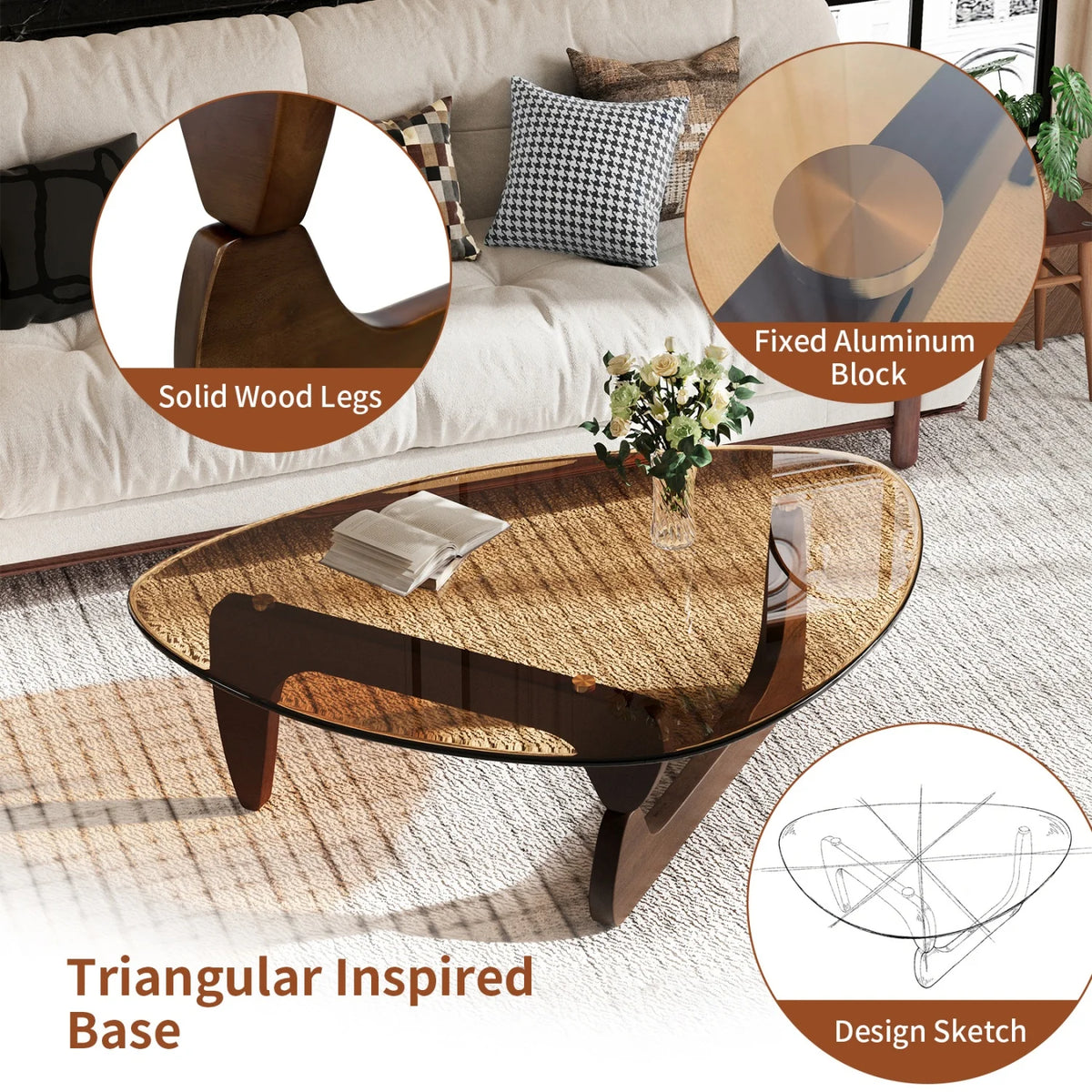 Triangle Glass Coffee Table Center Side Table Tempered Glass Top Rubber Wood Legs Accent Table for Living Room Office