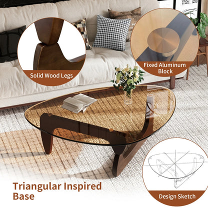Triangle Glass Coffee Table Center Side Table Tempered Glass Top Rubber Wood Legs Accent Table for Living Room Office
