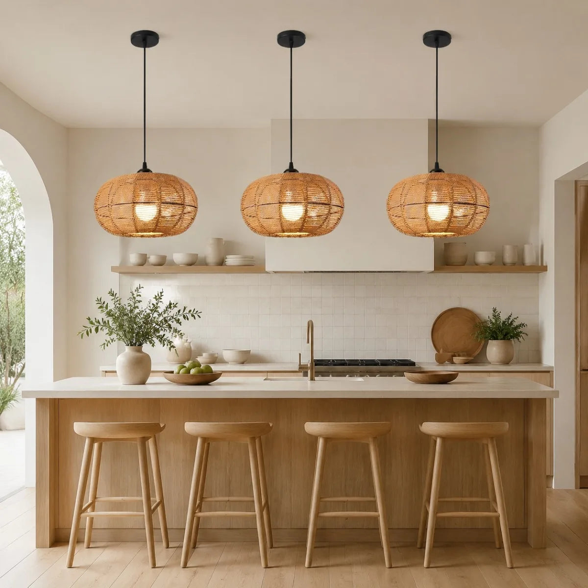 11.8 Inch Boho Wicker Pendant Light, Hand Woven Rattan Hanging Light Fixture with Adjustable 59In Cord, Farmhouse Chandelier for Dining Room, Kitchen Island, Bedroom, Living Room, Hallway, E26/E27 Base Ceiling Lamp
