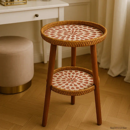 Noedic Rattan Side Table Southeast Asian round Accent Desk Handmade Mosaic Coffee Tables for Balcony/Living Room Storage Shelf
