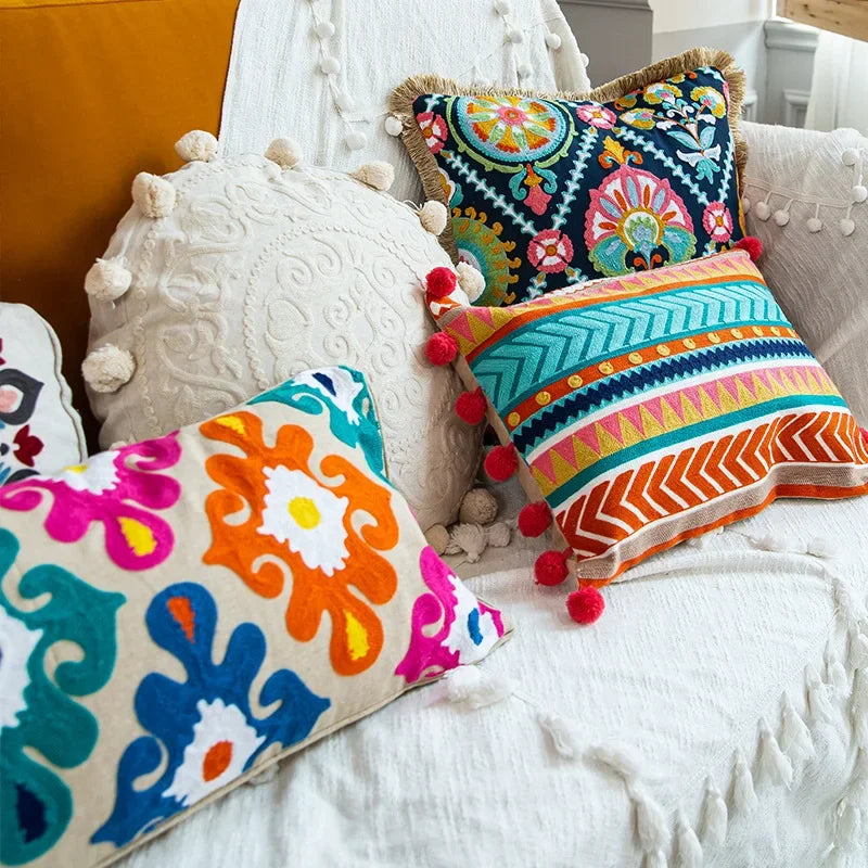 Boho Ethnic Style Sofa Decorative Pillows Covers Lengthen Flower Embroidered Cushion 60*30 for Bedroom Sofa Chair Lumbar Pillow