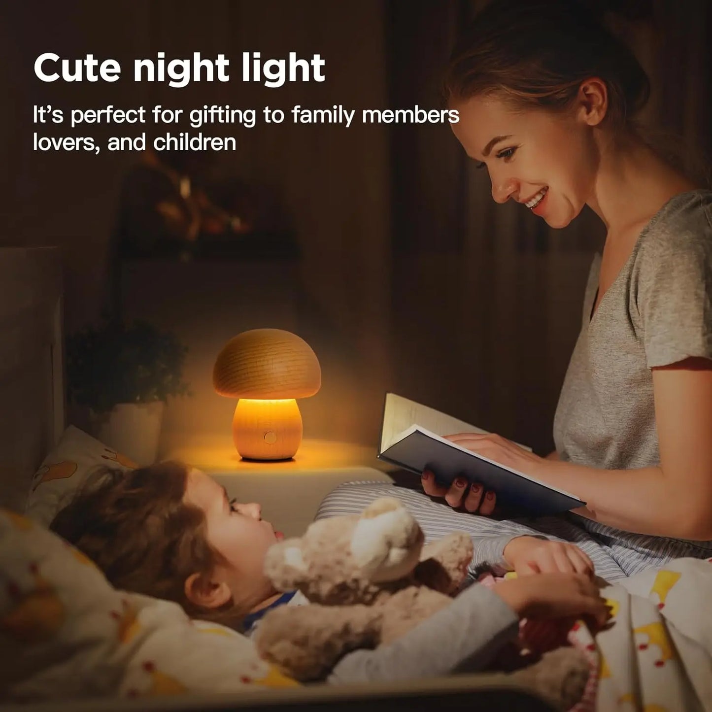 INS Wooden Creative Mushroom Night Light Stepless Dimming Bedside Table Lamp 3 Color Rechargeable Sleeping Nightlights for Room