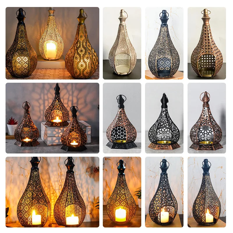 Moroccan Style Iron Art Hollow Retro Candle Holder Hanging Lantern Home Decor Craft Ornament for Home Living Room Garden