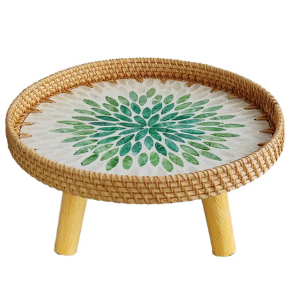 table basse d appoint en rotin , bois et coquillage design artisanal