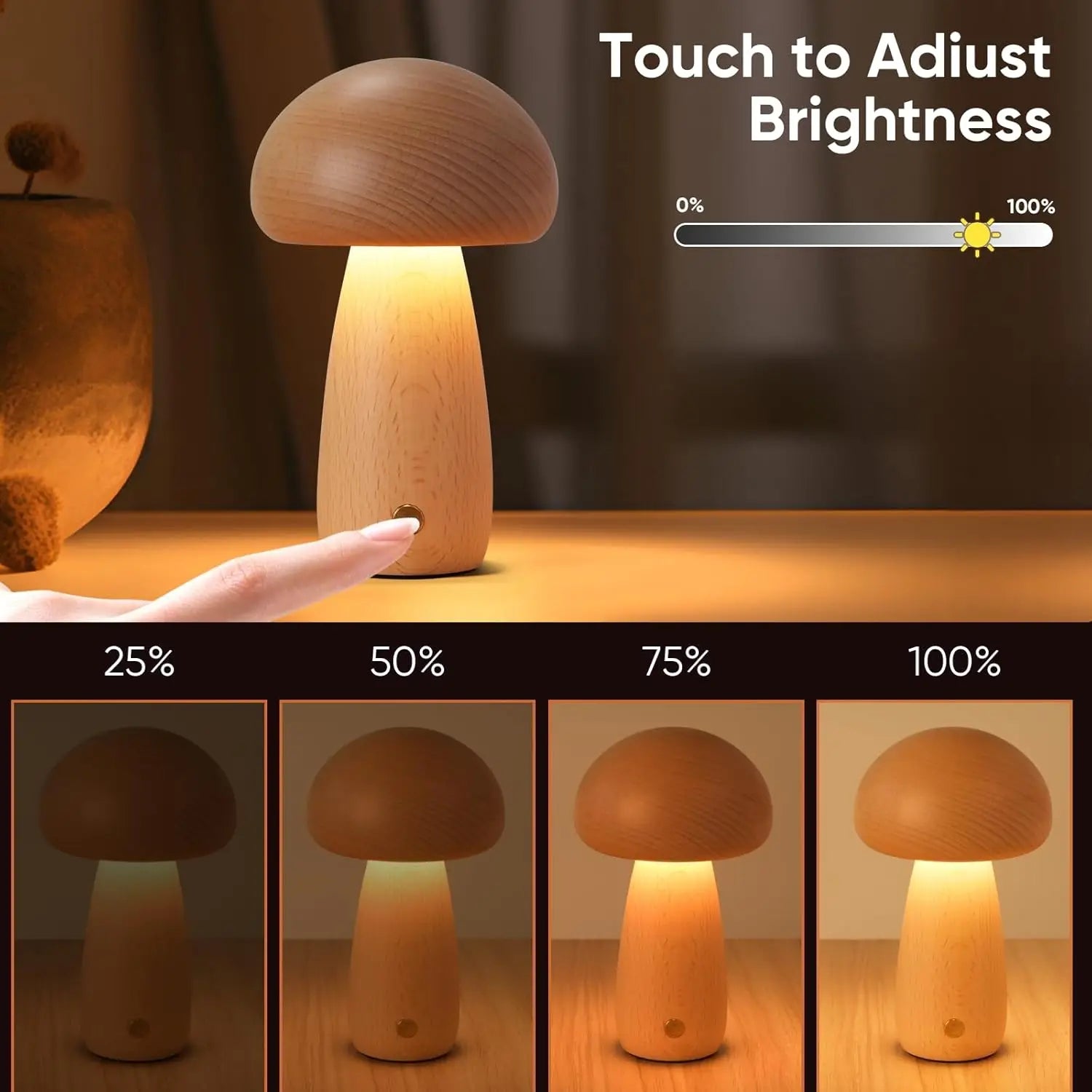INS Wooden Creative Mushroom Night Light Stepless Dimming Bedside Table Lamp 3 Color Rechargeable Sleeping Nightlights for Room
