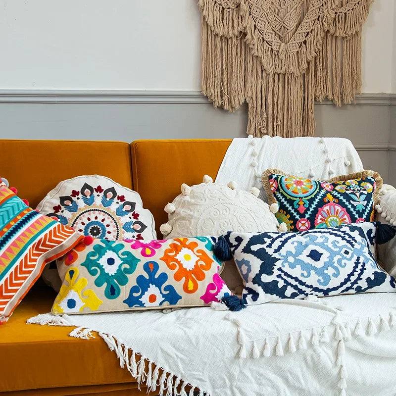 Boho Ethnic Style Sofa Decorative Pillows Covers Lengthen Flower Embroidered Cushion 60*30 for Bedroom Sofa Chair Lumbar Pillow