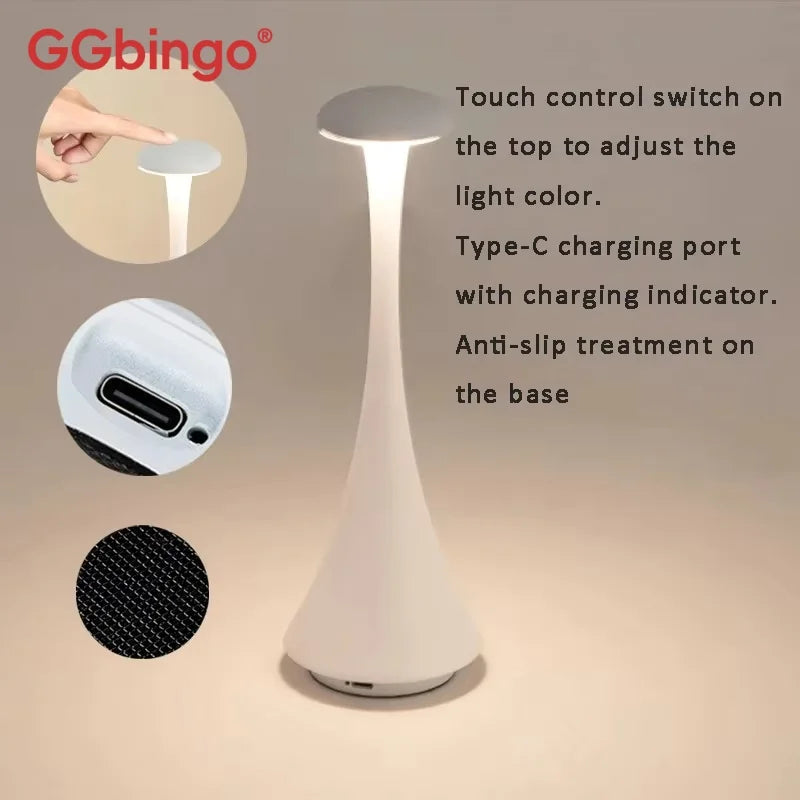Ggbingo Mushroom Table Lamp, USB-C Rechargeable Wireless Touch Creative Night Light for Hotel, Bedroom & Home Atmosphere