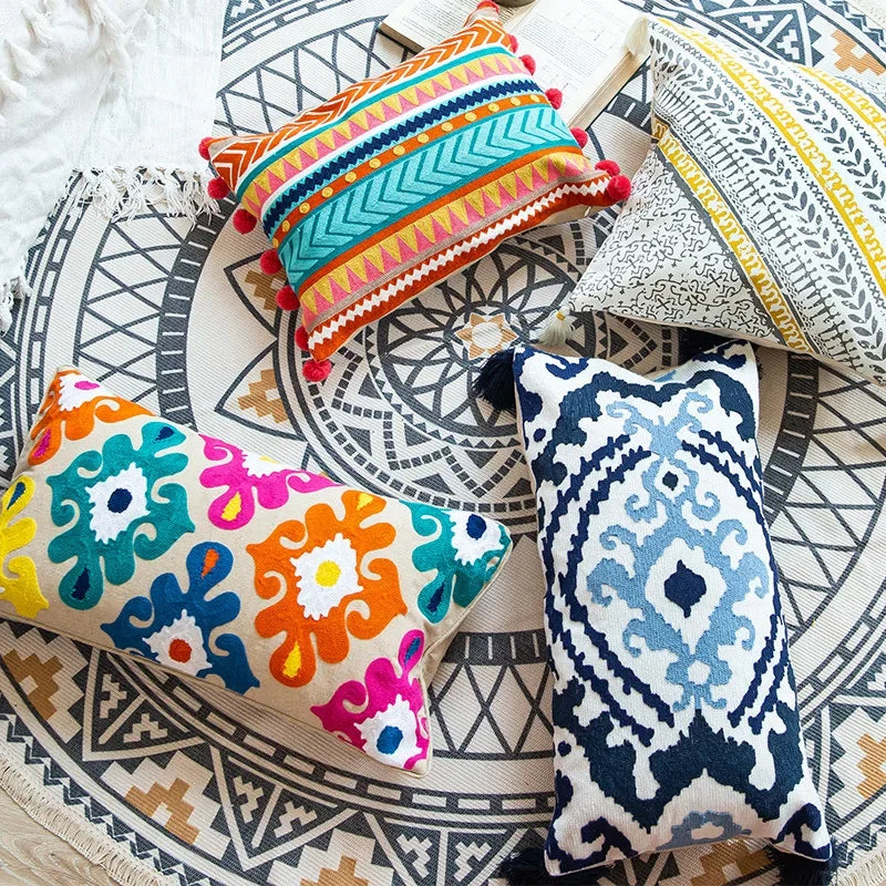 Boho Ethnic Style Sofa Decorative Pillows Covers Lengthen Flower Embroidered Cushion 60*30 for Bedroom Sofa Chair Lumbar Pillow