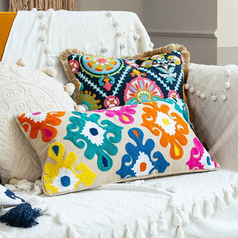 Boho Ethnic Style Sofa Decorative Pillows Covers Lengthen Flower Embroidered Cushion 60*30 for Bedroom Sofa Chair Lumbar Pillow